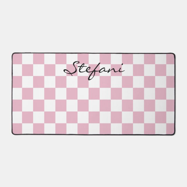 Cute Baby Pink Checkers Pattern Name Desk Mat (Front)