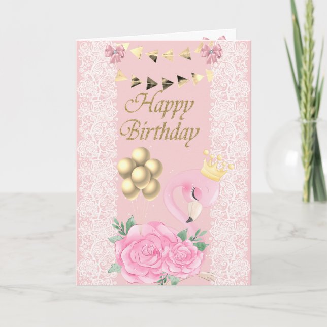 Cute Baby Pink Flamingo,Tiara, Balloons Birthday Card (Front)