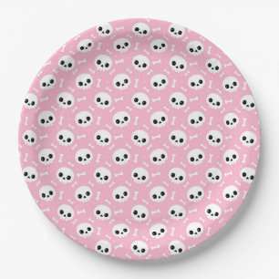 Cute Baby Pink Skull & Bones Halloween Pattern Paper Plate