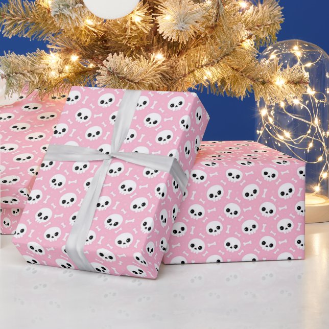 Cute Baby Pink Skull & Bones Halloween Pattern Wrapping Paper (Holidays)