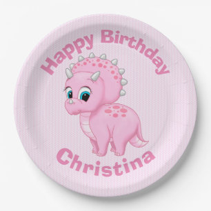 Cute Baby Pink Triceratops Dinosaur Paper Plate