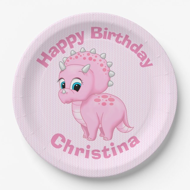 Cute Baby Pink Triceratops Dinosaur Paper Plate (Front)