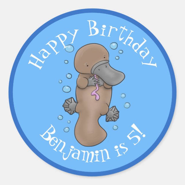 Cute baby platypus personalized cartoon birthday classic round sticker (Front)