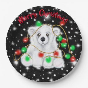 Cute baby polar bear christmas lights starry night paper plate