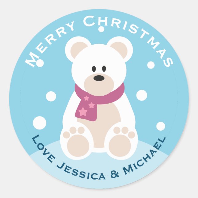 Cute Baby Polar Bear Merry Christmas Custom Classic Round Sticker (Front)