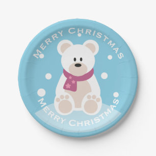 Cute Baby Polar Bear Merry Christmas Party Paper Plate