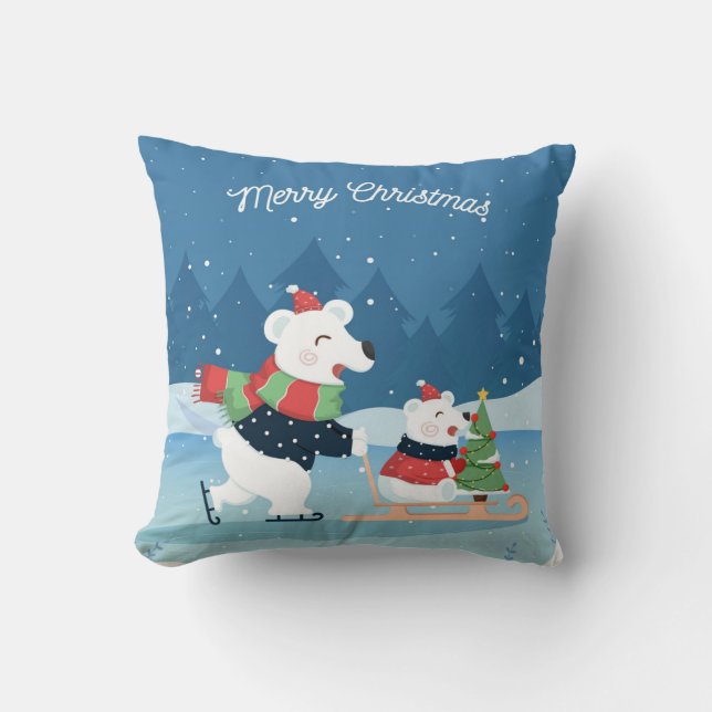 Cute Baby Polar Bear on Sledge with Christmas Tree Throw Pillow (Front)