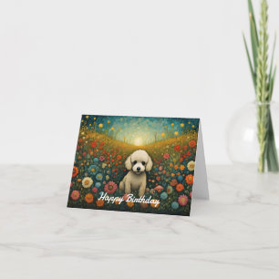 Cute Baby Poodle Flower Meadow Happy Birthday Card