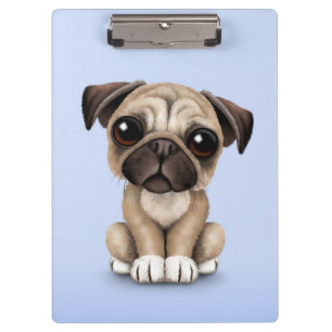 Cute Baby Pug Puppy Dog on Light Blue Clipboard