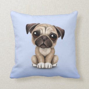 Cute Baby Pug Puppy Dog on Light Blue Throw Pillow