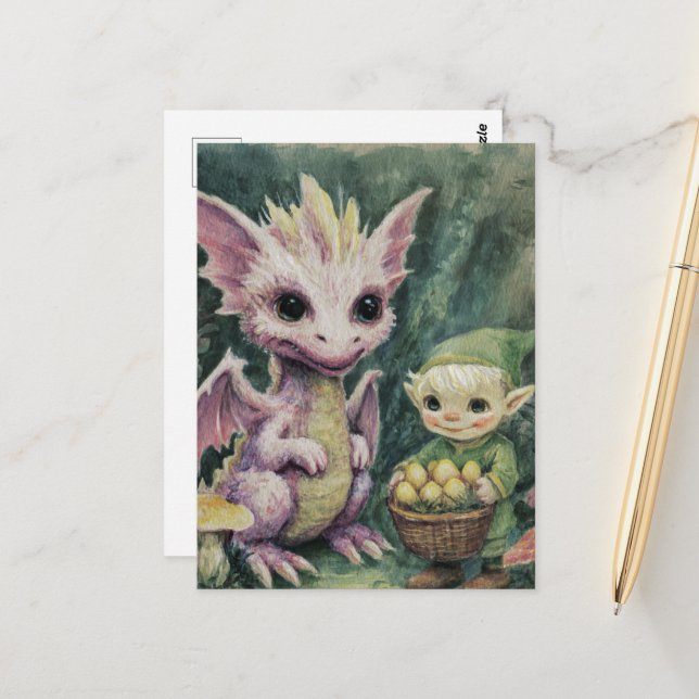 Cute Baby Purple Dragon and Elf With Eggs Postcard (Front/Back In Situ)