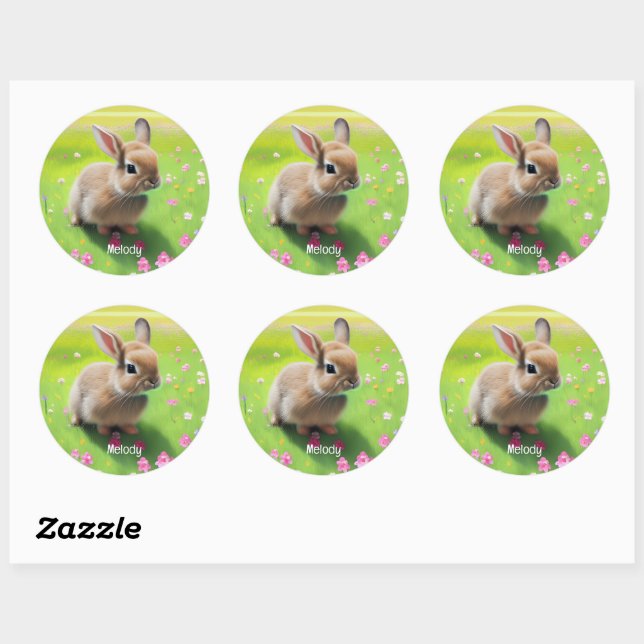 Cute baby rabbit in a flower meadow    classic round sticker (Sheet)