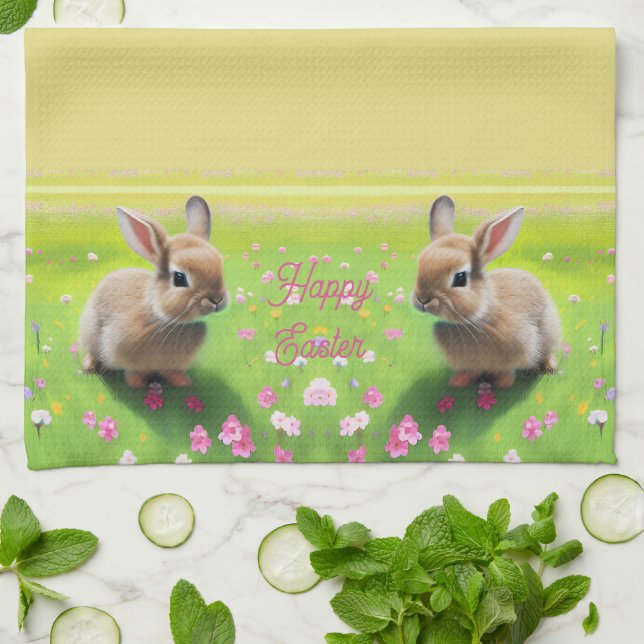 Cute baby rabbit in a flower meadow, easter    kitchen towel (Folded)