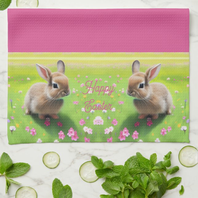 Cute baby rabbit in a flower meadow, easter    kitchen towel (Folded)