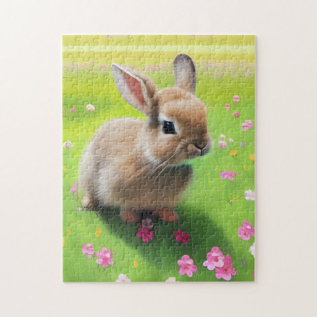 Cute baby rabbit in a flower meadow  jigsaw puzzle (Vertical)