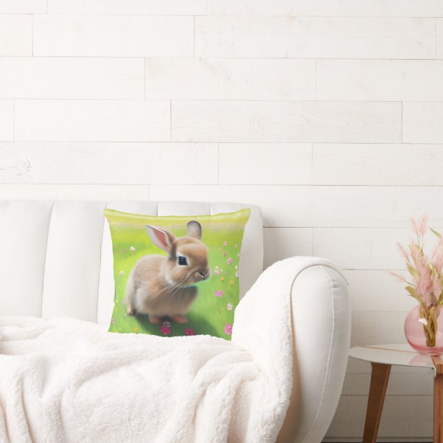 Cute baby rabbit in a flower meadow throw pillow (Couch)