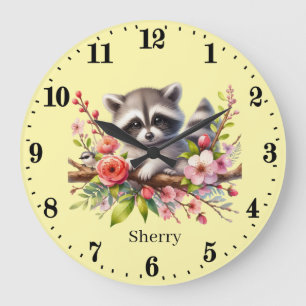 Cute baby raccoon add name girls nursery large clock