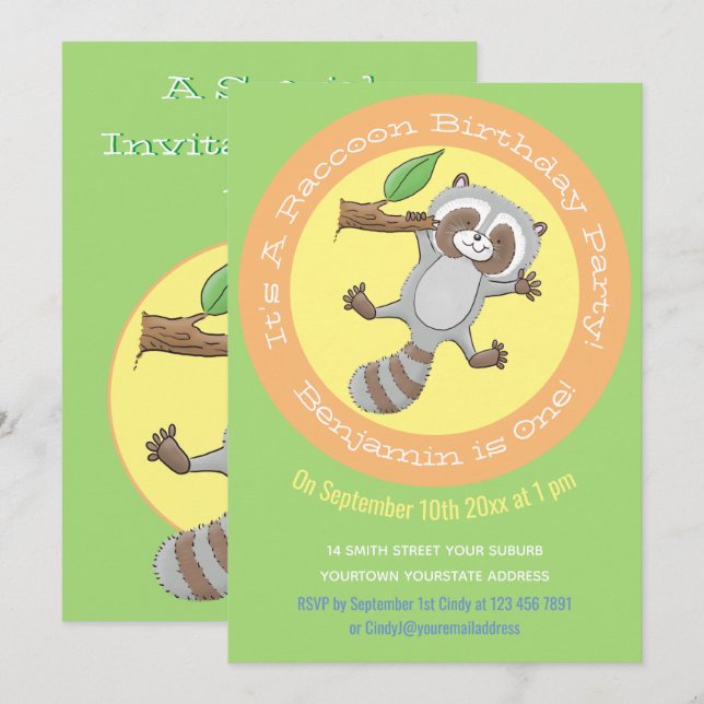 Cute baby raccoon cartoon illustration 1 year invitation (Front/Back)