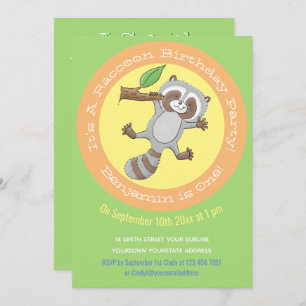 Cute baby raccoon cartoon illustration 1 year invitation