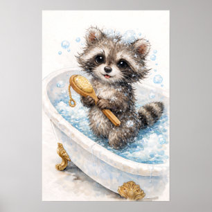Cute Baby Raccoon in Bubble Bath Poster