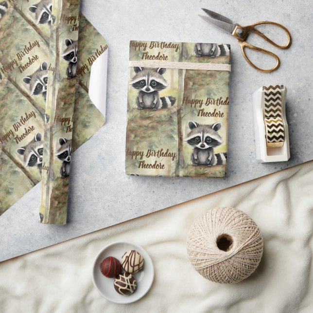 Cute Baby Raccoon Personalized Birthday Wrapping Paper (Crafts)