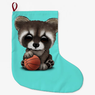 Cute Baby Raccoon Playing With Basketball Large Christmas Stocking