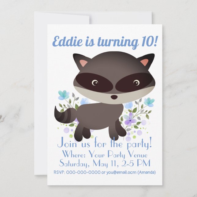 Cute Baby Raccoon with Flowers  Birthday Invitation (Front)