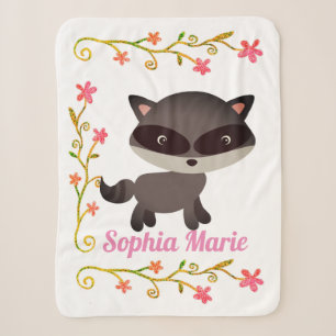 Cute Baby Raccoon with Flowers Sherpa Blanket