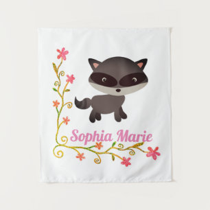 Cute Baby Raccoon with Flowers Tapestry
