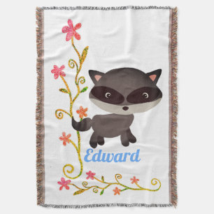 Cute Baby Raccoon with Flowers Throw Blanket