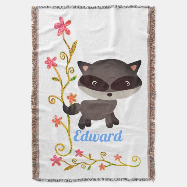 Cute Baby Raccoon with Flowers Throw Blanket (Front Vertical)