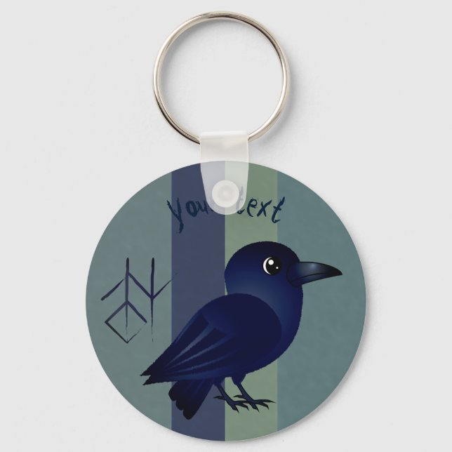 Cute baby raven w runic symbol of wisdom in Corfu Keychain (Front)