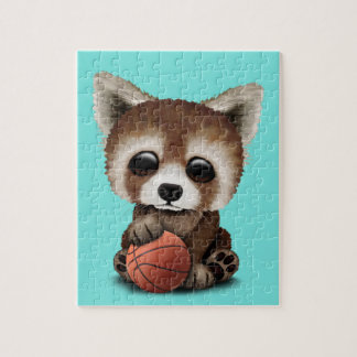 Cute Baby Red Panda Playing With Basketball Jigsaw Puzzle