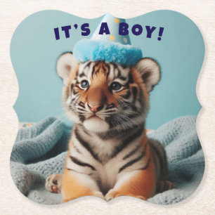 Cute Baby Reveal Boy Blue Baby Tiger Paper Coaster