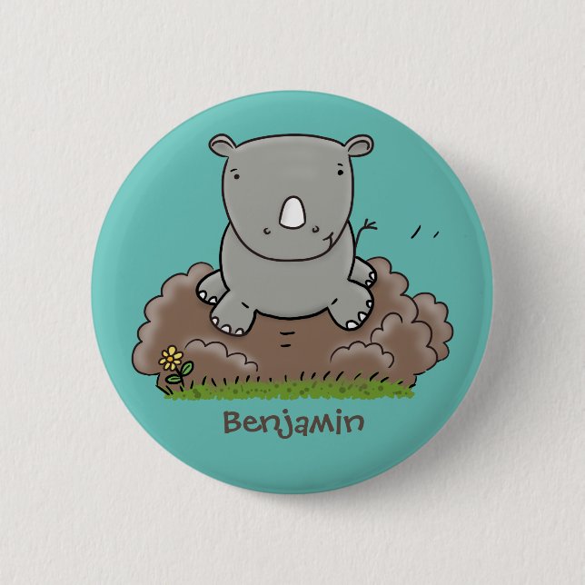 Cute baby rhino cartoon illustration 2 inch round button (Front)