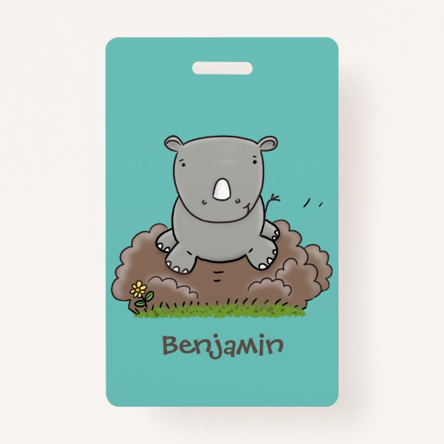 Cute baby rhino cartoon illustration badge (Front)