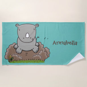 Cute baby rhino cartoon illustration beach towel