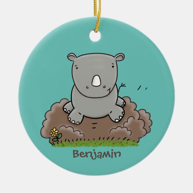 Cute baby rhino cartoon illustration ceramic ornament (Front)
