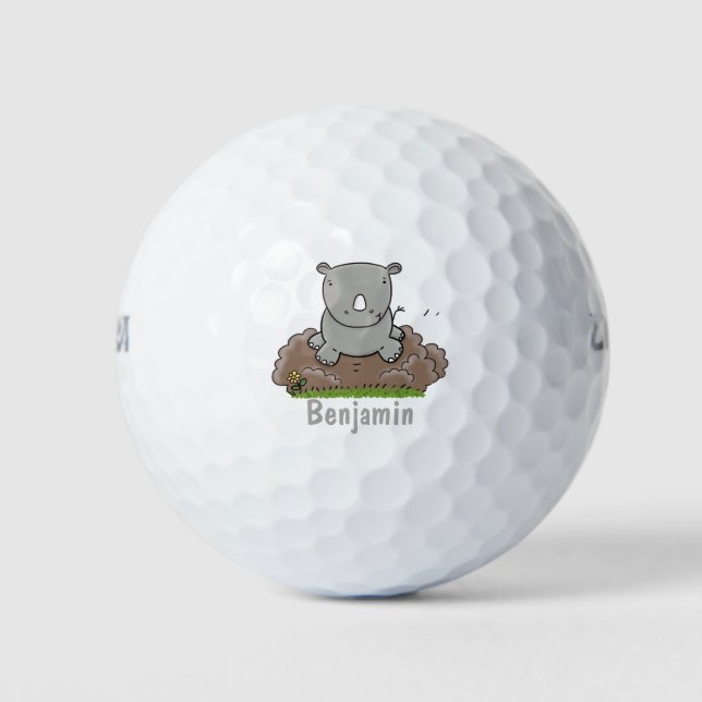 Cute baby rhino cartoon illustration golf balls (Front)
