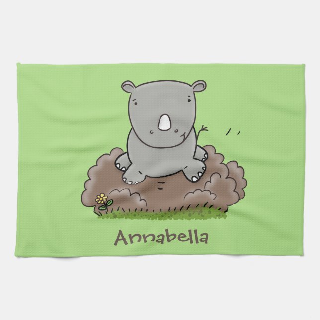 Cute baby rhino cartoon illustration kitchen towel (Horizontal)