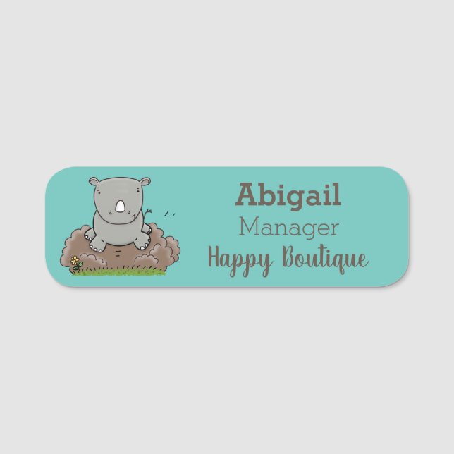 Cute baby rhino cartoon illustration name tag (Front)