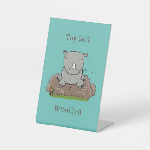 Cute baby rhino cartoon illustration pedestal sign