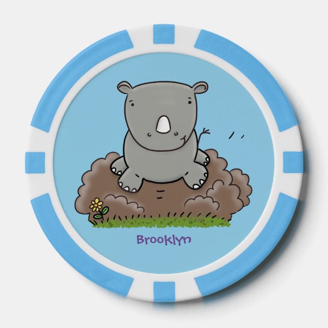Cute baby rhino cartoon illustration poker chips (Front)