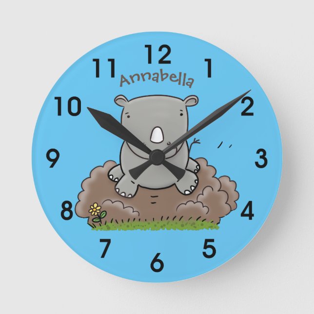 Cute baby rhino cartoon illustration round clock (Front)