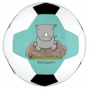 Cute baby rhino cartoon illustration soccer ball
