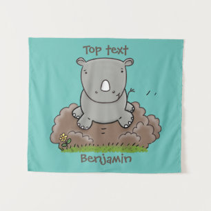 Cute baby rhino cartoon illustration tapestry