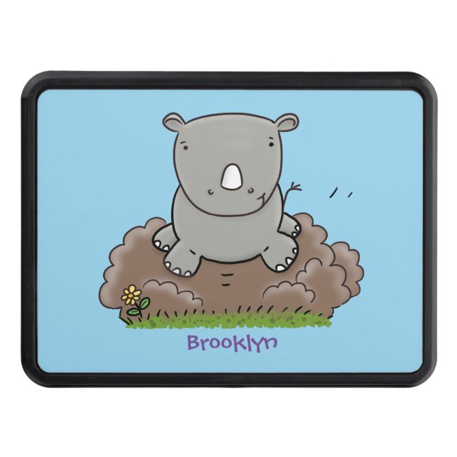 Cute baby rhino cartoon illustration trailer hitch cover (Front)