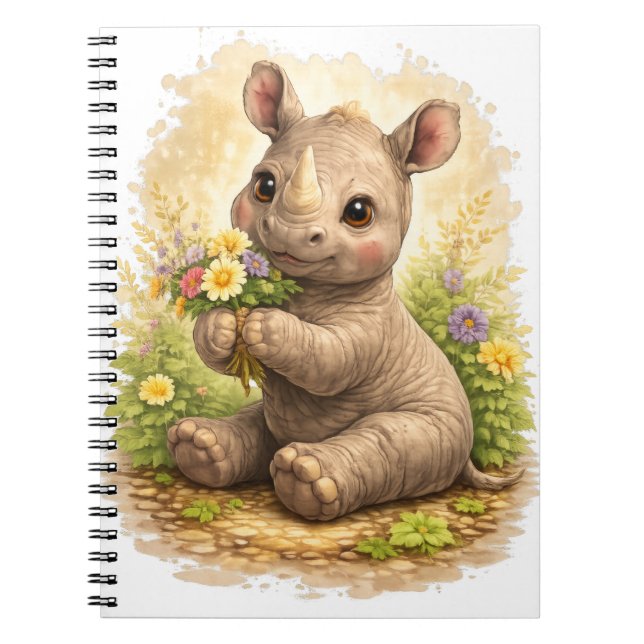 Cute Baby Rhino Floral Spiral Notebook (Front)