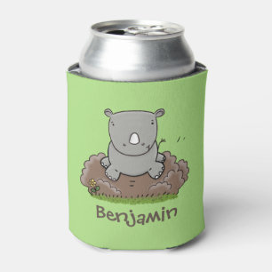 Cute baby rhino green cartoon illustration can cooler
