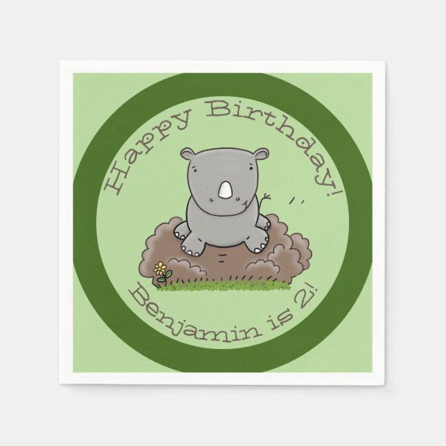 Cute baby rhino green cartoon illustration napkin (Front)